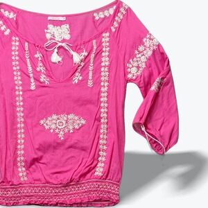 Calypso Christiane Celle Peasant Blouse Pink Embroidered Cotton Small Boho Top